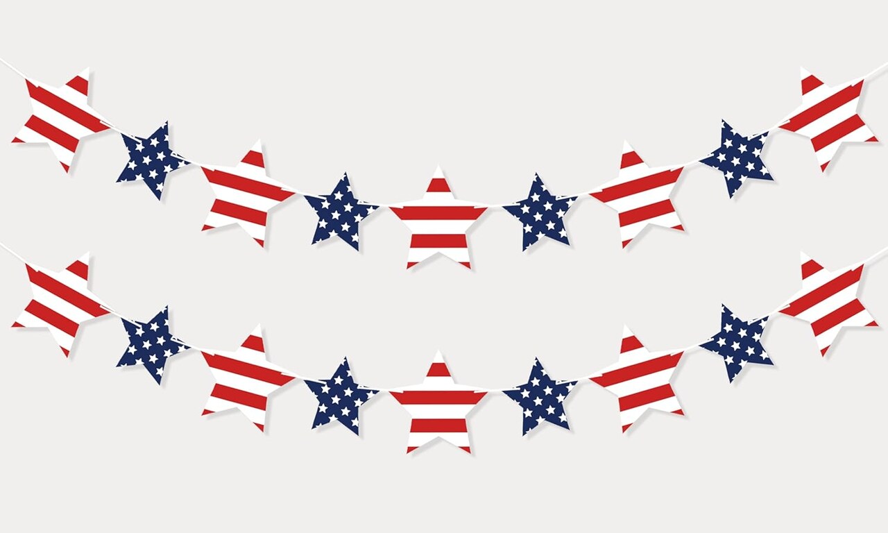 Patriotic Star Garland Banner for 4th of July Decorations, Red White Blue Stars Bunting
